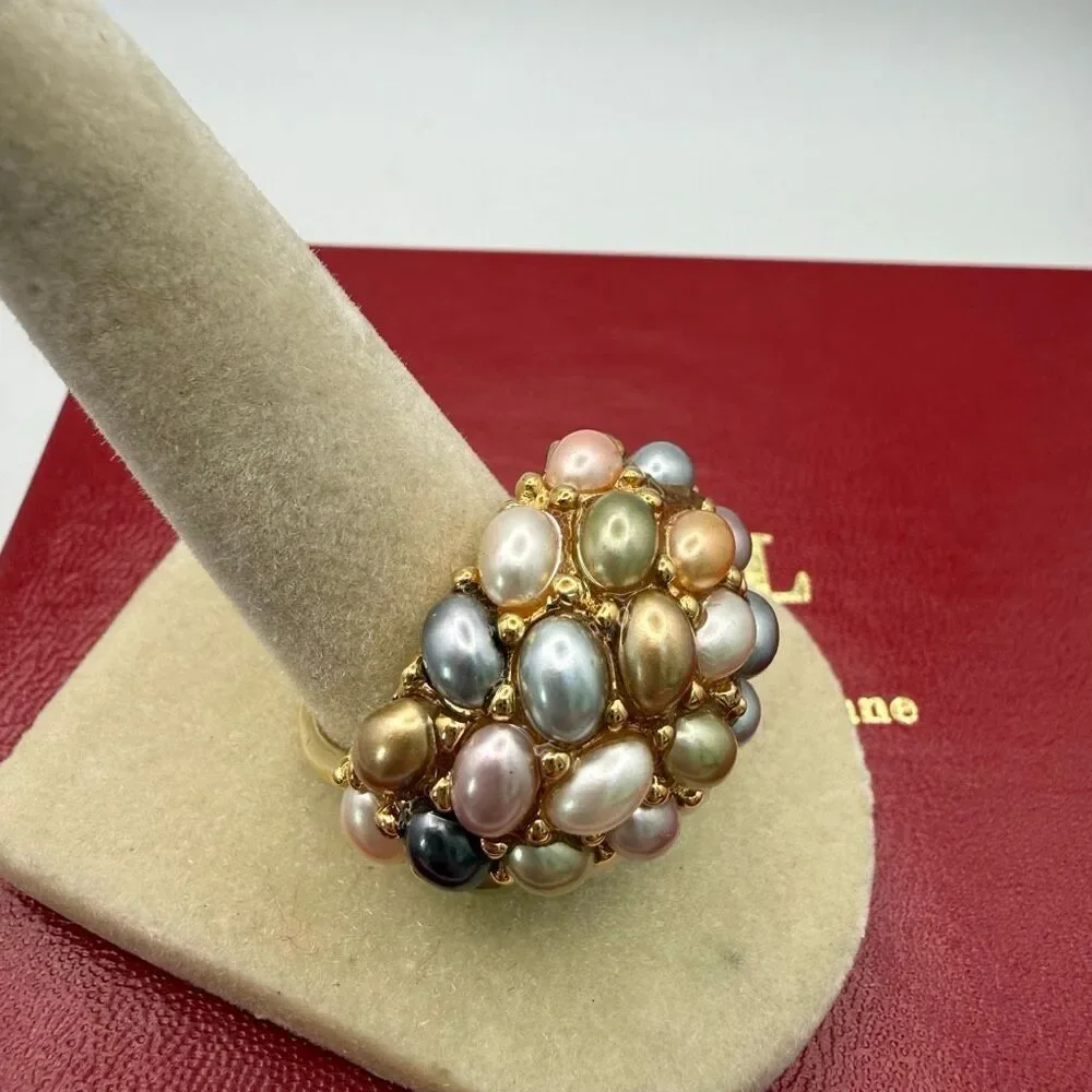 Kenneth Jay Lane vintage gold tone ring dome multi-colored faux pearls New sz 11